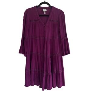 Knox Rose Bohemian Dress Size S Burgundy Bell Sleeve Tiered Crochet‎ Trim Button